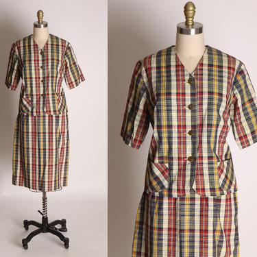 Early 1960s Red and Tan Plaid Short Sleeve Button Up Blouse with Matching Plaid Skirt with Belt Two Piece Skirt Suit Outfit by Blue Bell 