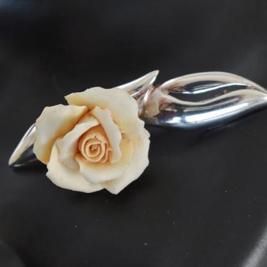 60's Rossana Italy 925 silver porcelain dimensional rose brooch, sterling leaves peach ceramic flower Modernist pin 