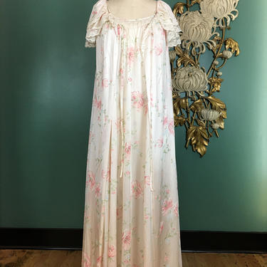Ilise stevens, 1980s nightgown set, vintage peignoir set, floral nylon, medium, nightgown and robe, flutter sleeves, flower print lingerie 