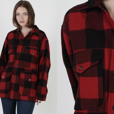 Vintage 70s Pendleton Hunting Jacket, Red Black Buffalo Plaid Mackinaw Coat, Button Up Tartan Plaid Wool Coat Mens Size medium M 