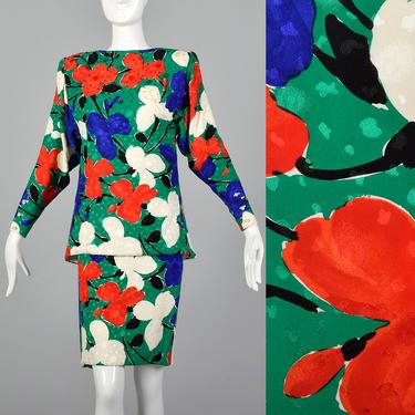 Small Galanos 1980s Abstract Floral Set Vintage Silk Separates 80s Designer Dress Set Vintage Dress Set Casual 