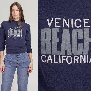 80s Venice Beach California Cropped Sweatshirt - XXS | Vintage Blue Graphic Tourist Pullover 