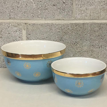 Vintage Halls Nesting Bowls Retro 1960s MCM + Eva Zeisel + Blue Daisy + Gold Label + Ceramic + Set of 2 + Mixing Bowls + Kitchen + Serving 