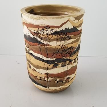 1980's Vintage Signed Artistic Landscape Pottery Vase . 