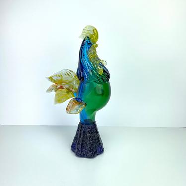 Vintage Murano Art Glass Rooster Sculpture Figure Blue Green Yellow Italy 