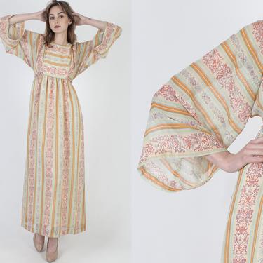 Angel Kimono Sleeve Dress / Wide Sheer Bell Angel Arms / Vintage 70s Pastel Floral Striped Dress / Long Bohemian Womens Maxi Dress 