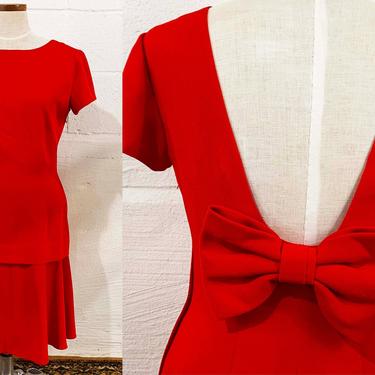 Vintage Red Dress Ann Taylor Steven Stolman Cocktail 1980s 80s Large Bow Scoop Low Back Short Sleeves Tiered Small Medium 