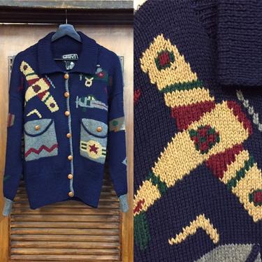 Vintage 1980’s “Berek” Label Airplane Design Knot Sweater, Aviation Design, Novelty, Button Up Sweater, Vintage Clothing 