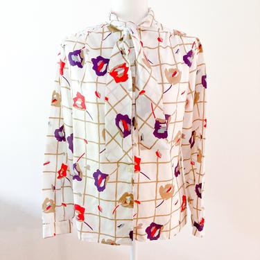 70s White Floral Grid Necktie Blouse | Large 