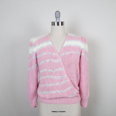 Vintage 1980s hand knit sweater, Nannell, puffed shoulders, angora accents, pullover, v-neck 