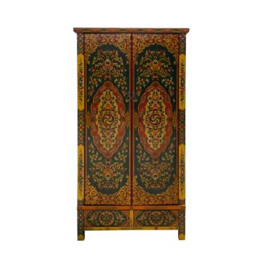 Chinese Tibetan Flower Jewel Treasure Tall Armoire Wardrobe Cabinet cs6951E 