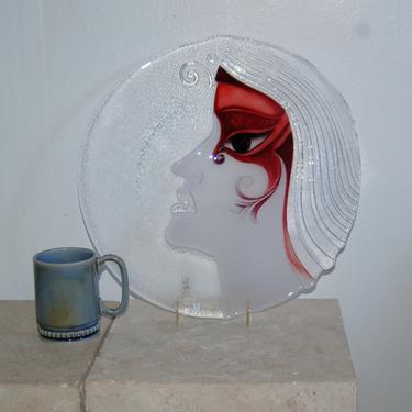Rare 15&quot; Mats Jonasson Athena Sculptured Ice Crystal w Mauve Mask Full Lead Crystal Art Glass Platter Maleras Sweden ~ Initials / Label 