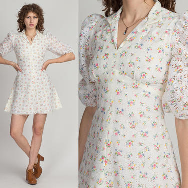 60s Floral Puff Sleeve Mini Dress - Small | Vintage White Eyelet Boho Hippie Micro Mini Dress 