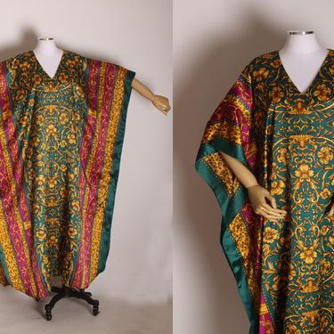 1980s Burgundy, Green and Gold Abstract Swirl Flower Pattern Caftan Dress by Winlar 
