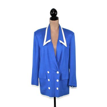 80s Oversized Double Breasted Blazer Women Medium, Royal Blue with White Trim & Shoulder Pads, 1980s Clothes Vintage Clothing Louis Feraud 