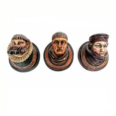 Antique European Renaissance Revival Figural Head Polychrome Metal High Relief Wall Mount Sculpture Set of 3 