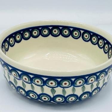 Vintage Boleslawiec Ceramika Pottery  6"  Bowl Blue  Peacock  Pattern- Hand Made Painted Poland 