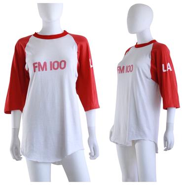 1970s FM 100 Los Angeles Raglan T-Shirt - 1970s Raglan T-Shirt - Vintage Red Raglan T-shirt - 1970s Los Angeles T-shirt | Size Large 