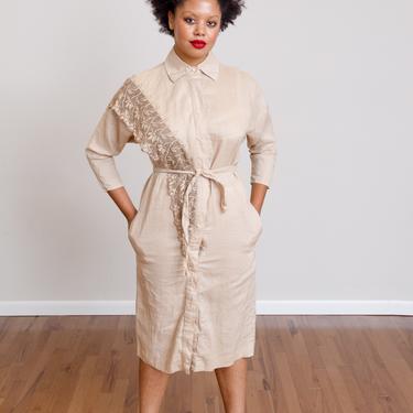Size S/M, 1980s Khaki Linen Button Down Shirt Dress - Lace - Contemporary - Futuristic 