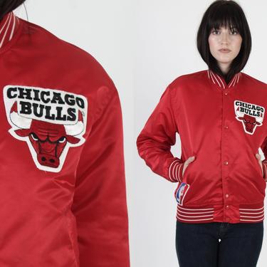 Chicago Bulls Starter Jacket / Vintage 80s NBA Basketball Red Satin Jacket / Micheal Jordan 80s Bomber Jacket / Mens Womens Size Small S 