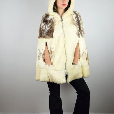 Vintage 70s 80s Fur Hoodie Jacket / 1970s Fur Poncho / Jacket Coat Brown White Hollywood Glam Studio 54 Disco 1970s 1980s Medium Small Large 