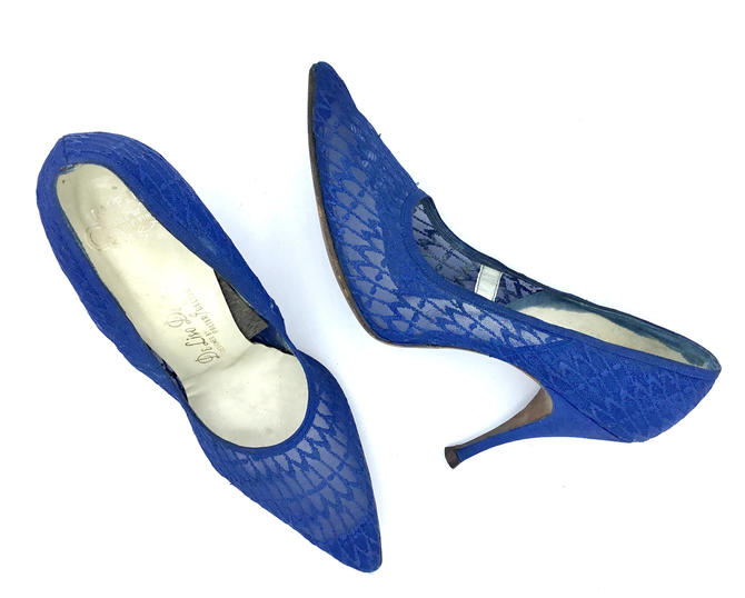Vintage 1960s Blue Mesh Lace Stiletto Pumps, Century Bombshell Pointed Toe High Heels by De Liso Debs, Size 7.5 to 8 US by RanchQueenVintage from Ranch Queen Vintage of Tujunga, CA | ATTIC