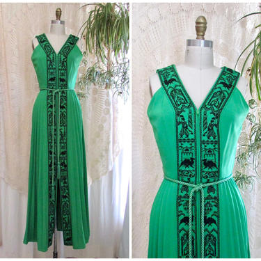 ALFRED SHAHEEN Vintage 70s Maxi Dress | 1970s Arabian Prince Print, Green Double Knit Poly | 60s 1960s Hawaiian Tiki VLV | Size Small Medium 