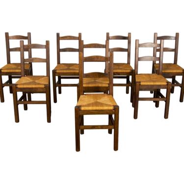 Antique Set of 8 Country French Farmhouse Ladder Back Beech Dining Chairs 