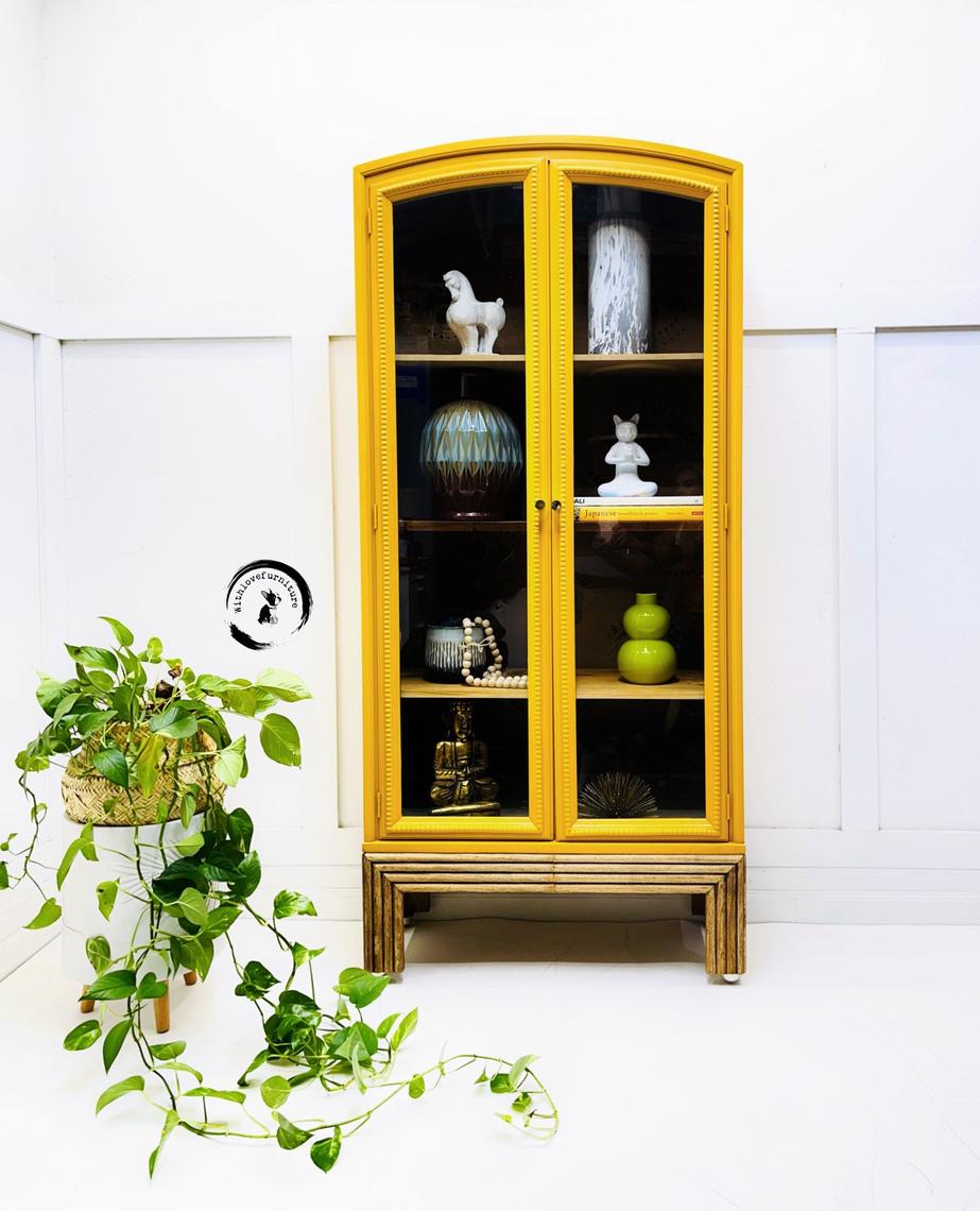 Eclectic yellow /bookshelf hand Painted glass doors Bookshelf