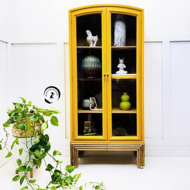 Eclectic yellow cabinet /bookshelf hand Painted glass doors Cabinet. Bookshelf Storage Cabinet. Colorful Entryway Cabinet. Bohemian cabinet 