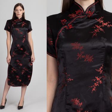 Vintage Black & Red Floral High Slit Qipao - Medium | 80s 90s Chinese Jacquard Midi Cheongsam Dress 