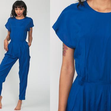 80s Jumpsuit Royal Blue Button Back Playsuit Tapered Pant Plain Jumpsuit High Waisted 1980s Vintage Pantsuit Cap Sleeve Extra Small xs 