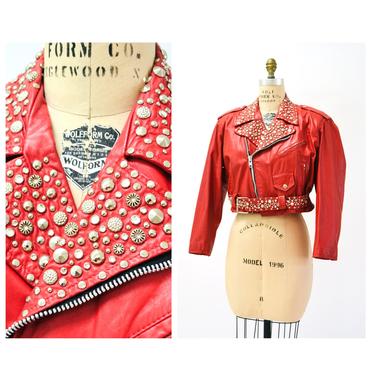 Amazing Vintage Red Leather Biker Jacket with Rhinestones Silver Studs Large// 80s 90s Metallic Studded Red Leather Motorcycle Jacket large 