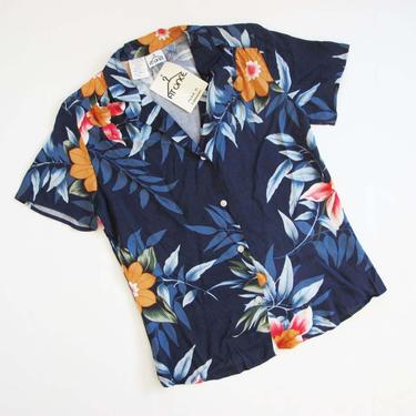 Vintage 70s Deadstock Tropical Print Shirt S - 1970s Womens Floral Camp Blouse - Hawaiian Tiki Shirt 