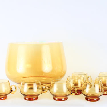 Vintage Amber Yellow Glass Punch BowlSet of 9, Amber Yellow, Punch Bowl Set, Mid Century, 