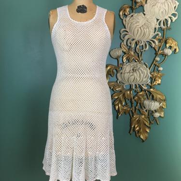 1960s mini dress, ivory crochet, vintage 60s dress, sleeveless, mod, see through, open knit, size small, flapper style, a line, drop waist 