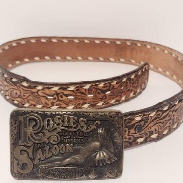 Vintage &quot;Rosies Saloon&quot; Brass Belt Buckle Monogrammed &quot;Mikey&quot; Western Tooled Unisex Belt 36&quot; 
