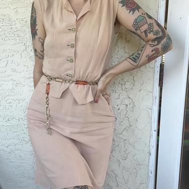 1940s cold rayon beige two piece matching skirt set 