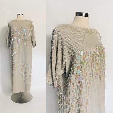 Vintage Neiman Marcus Embroidered Gray Silk Chiffon Evening Dress 1980s L/ XL 