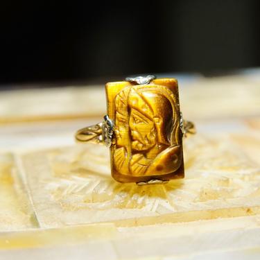Vintage 10k Gold Tiger's Eye Cameo Ring, Carved Tigers Eye, Size 6 US 