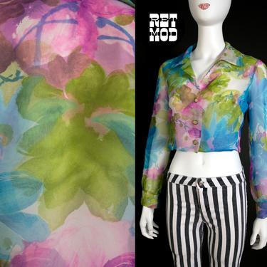 Ethereal Vintage 60s 70s Purple Blue Green Floral Sheer Crop Top Blouse 