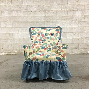 LOCAL PICKUP ONLY Vintage Vanity Chair Retro 1960s High Tufted Back + Pink + Blue + Teal Vinyl Swirling Leaf Print + Blue Vinyl Trim + Skirt 