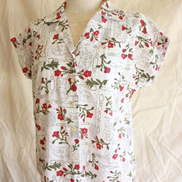 80s does 50s Rose and Script Novelty Print Blouse Size M / L 