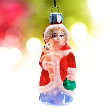 VINTAGE: Glass Girl with Bear Ornament - Blown Figural Glass Ornament - Mercury Ornament - SKU 30-403-00013884 