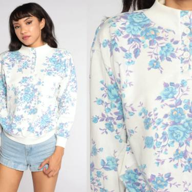 White Floral Sweatshirt 80s Funnel Neck Shirt Vintage Sweater Blue Graphic 1980s Slouchy Sweatshirt Button Up Small S 