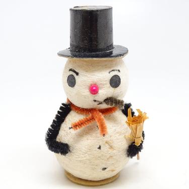 Vintage Spun Cotton Snowman with Broom for Christmas, Black Top Hat, Broom, Retro Holiday Decor 
