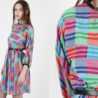 Bright Checkered Plaid Dress / Colorful Block Striped Rainbow Dress / Vintage 80s Thin Secretary Mini Dress 