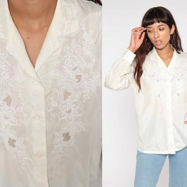 White Embroidered Blouse 80s Floral Top Long Sleeve Button Up Cutwork Cut Out Vintage Bohemian Collared Top 1980s Polyester Large 