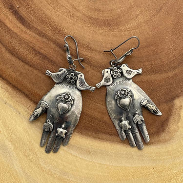 MILAGROS Federico Jimenez Mexican Silver Earrings | Large Milagro Charm Figural Protective Hands | Oaxaca Mexico, Frida Kahlo Style Jewelry 