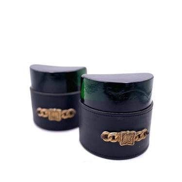 Solid Italian Glass Blocks Wrapped Leather Bookends in the Style of Gucci